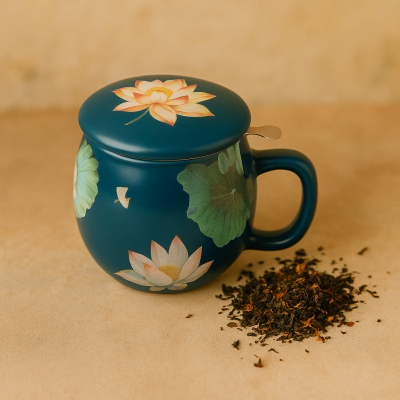 Il mondo del te - Theemok donker blauw met bloemenprint