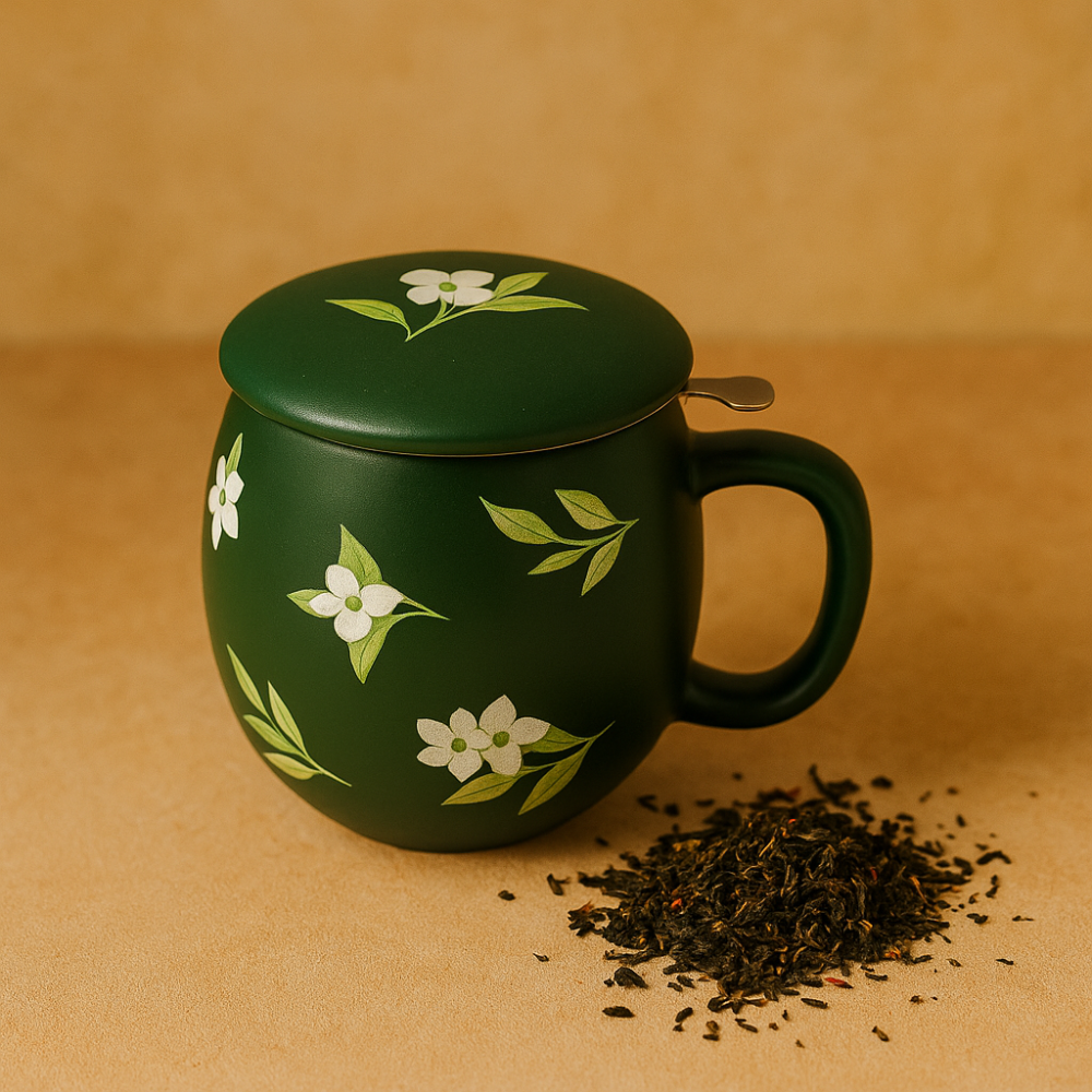 Il mondo del te - Theemok donker groen met bloemenprint