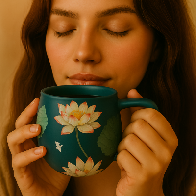 Il mondo del te - Theemok donker blauw met bloemenprint